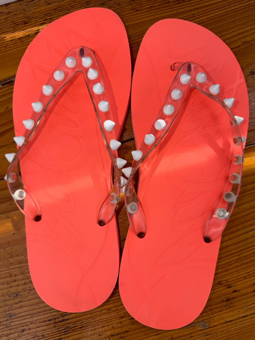 Christian Louboutin Neon Coral Flip Flop Sandals with Clear Studded Straps